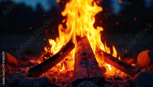 Intense Roaring Bonfire at Night, Embers Glowing Brightly - Warmth, Power, and Beauty of Fire