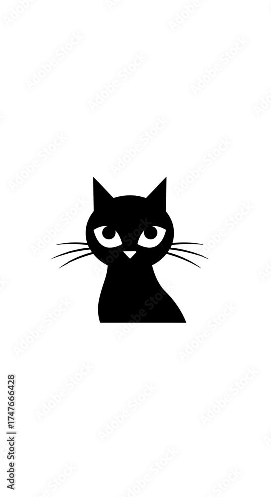 Fototapeta premium A minimalist black silhouette of a cat with large, expressive eyes and whiskers.