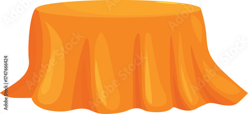 Round table covered with an elegant orange tablecloth, isolated on a white background, ideal for interior design or event planning projects