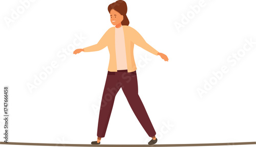 Businesswoman carefully walks a tightrope, balancing and maintaining her equilibrium in a challenging situation
