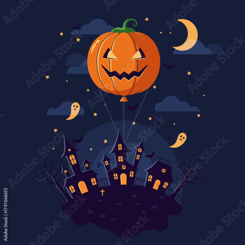 Spooky Halloween night scene with a giant pumpkin hot air balloon floating above haunted houses, ghosts, and a crescent moon.