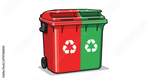 Red and Green Recycling Bins Side by Side with Recycling Symbols.