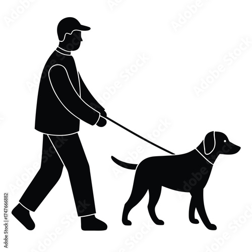person walking dog doing work on white background