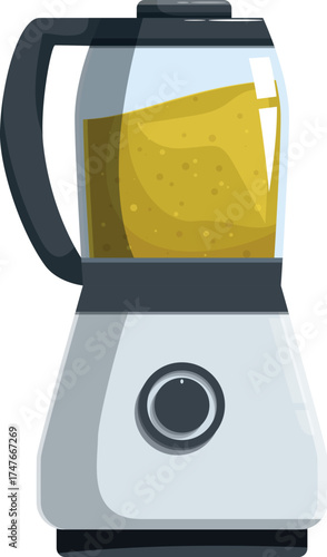 Blender making a yellow smoothie with bubbles inside, kitchen equipment, preparing a healthy drink