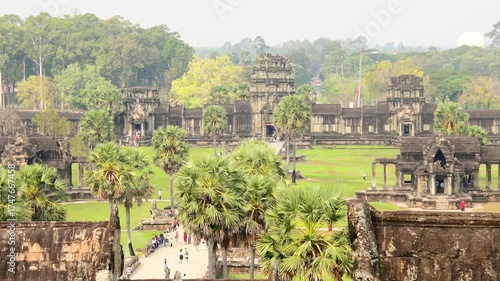 Siem Reap, Cambodia - 25th february, 2023: Aerial view Angkor Wat temple by tropical forest and ancient stone architecture. UNESCO World Heritage Site, archaeological landmark. Khmer Empire heritage.