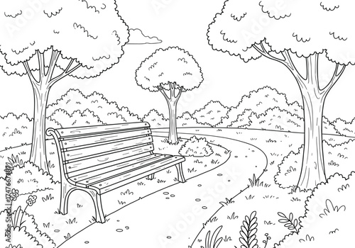 Peaceful park scene, winding path, wooden bench, lush trees, nature landscape, tranquil outdoors, black and white drawing