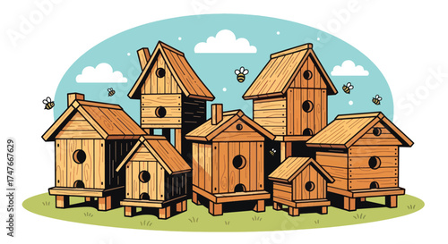 Collection of Wooden Beehives with Bees Flying Around.