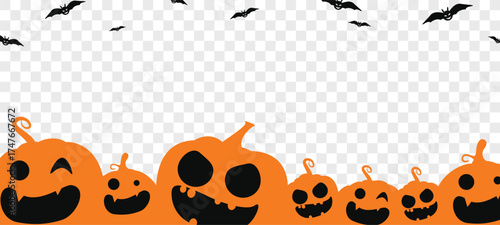 Cheerful Halloween background with orange pumpkins and flying bats. Perfect vector border for party invitations, spooky decorations, trick or treat banners, and festive October designs.