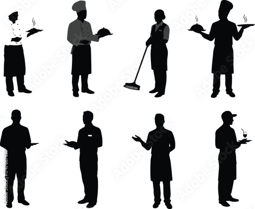 Restaurant staff silhouettes, chef, waiter, cleaner, serving tray, hospitality roles, black figures, white background, uniform poses