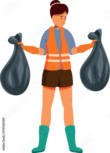 Female volunteer holding two garbage bags, cleaning environment, ecology protection concept
