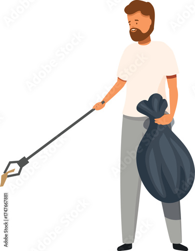 Man collecting trash with a reach extender and holding a garbage bag, promoting environmental awareness
