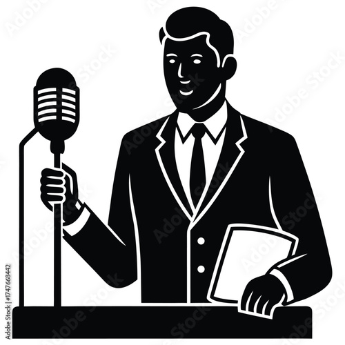 radio host doing work on white background