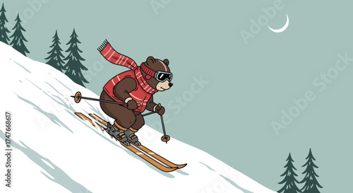 Bear skiing down a snowy mountain slope wearing a scarf and sunglasses.