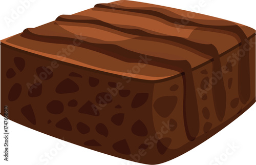 Square chocolate brownie with chocolate syrup topping, offering a sweet and tempting treat