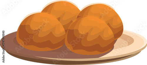 Four golden brown buns sit on a round wooden plate, showcasing their appetizing texture