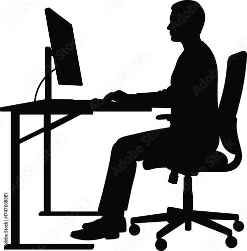Silhouette person working at desk, computer posture, office chair setup, cad drawing flat vector illustration