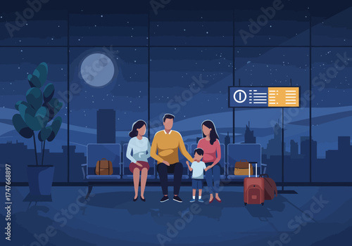 Family Waiting in Quiet Airport Lounge at Night