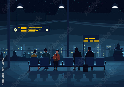 Quiet Night Airport Terminal Flat Design