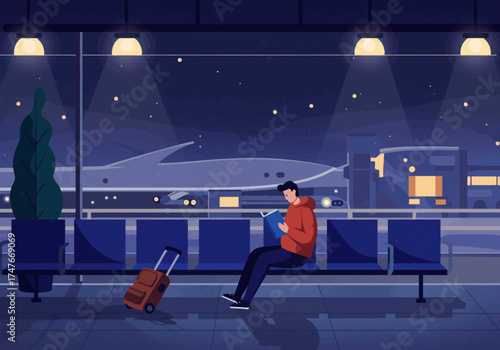 Traveler Reading at Airport Gate Night Flat Illustration