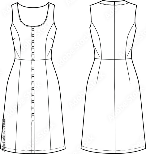 Sleeveless button-down dress technical fashion sketch, front and back view, princess seams, scoop neckline, cad drawing flat vector illustration
