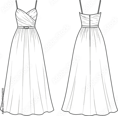 Sleeveless dress fashion sketch, sweetheart neckline, pleated bodice, flared skirt, belt waist, zipper back, CAD drawing flat vector illustration