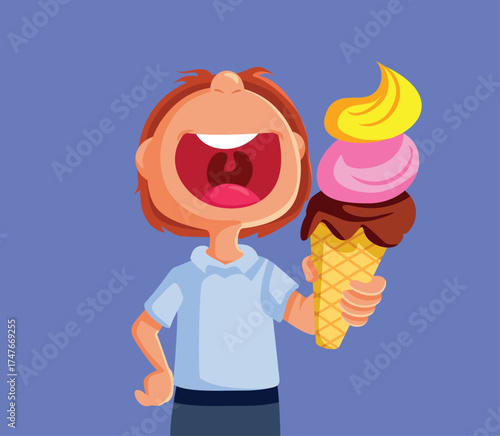 Greedy Child Eating Ice Cream from a Cone Vector Character. Gourmand little boy indulging with dessert having sweet tooth cravings 