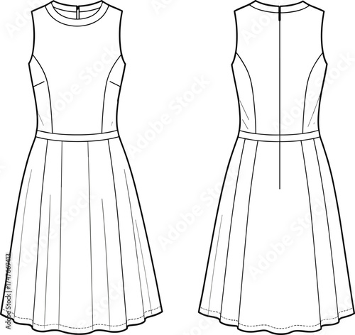 Sleeveless dress technical sketch, princess seam bodice, A-line panel skirt, round neckline, back zipper closure, garment construction detail, cad drawing flat vector illustration