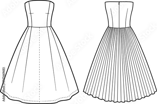 Strapless dress technical sketch, front and back view, fashion flat, cad drawing, vector illustration, garment template, silhouette