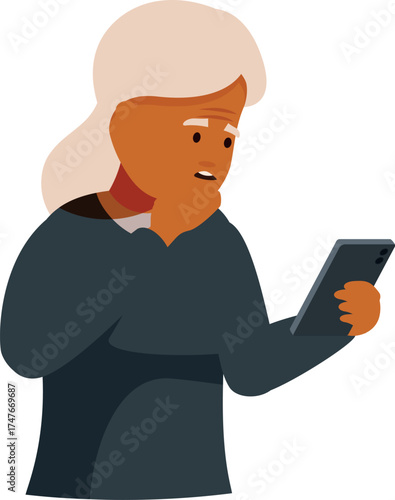Elderly woman holding mobile phone and reacting with confusion and concern to unexpected message or notification