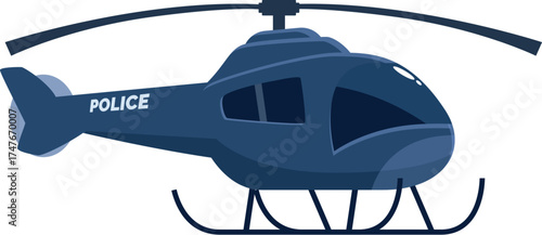 Dark blue police helicopter patrolling the city from above, ensuring safety and security