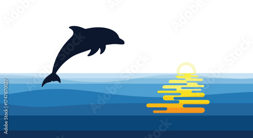 Silhouette of a dolphin leaping from the ocean waves.