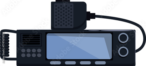 Professional radio communication device with attached microphone, buttons, and a screen showing data, ideal for various communication needs