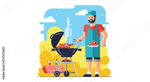 Man grilling meat on a barbecue during a sunny day.