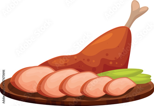 Cartoon illustration of a roasted turkey leg and sliced breast meat arranged on a wooden tray, garnished with fresh herbs