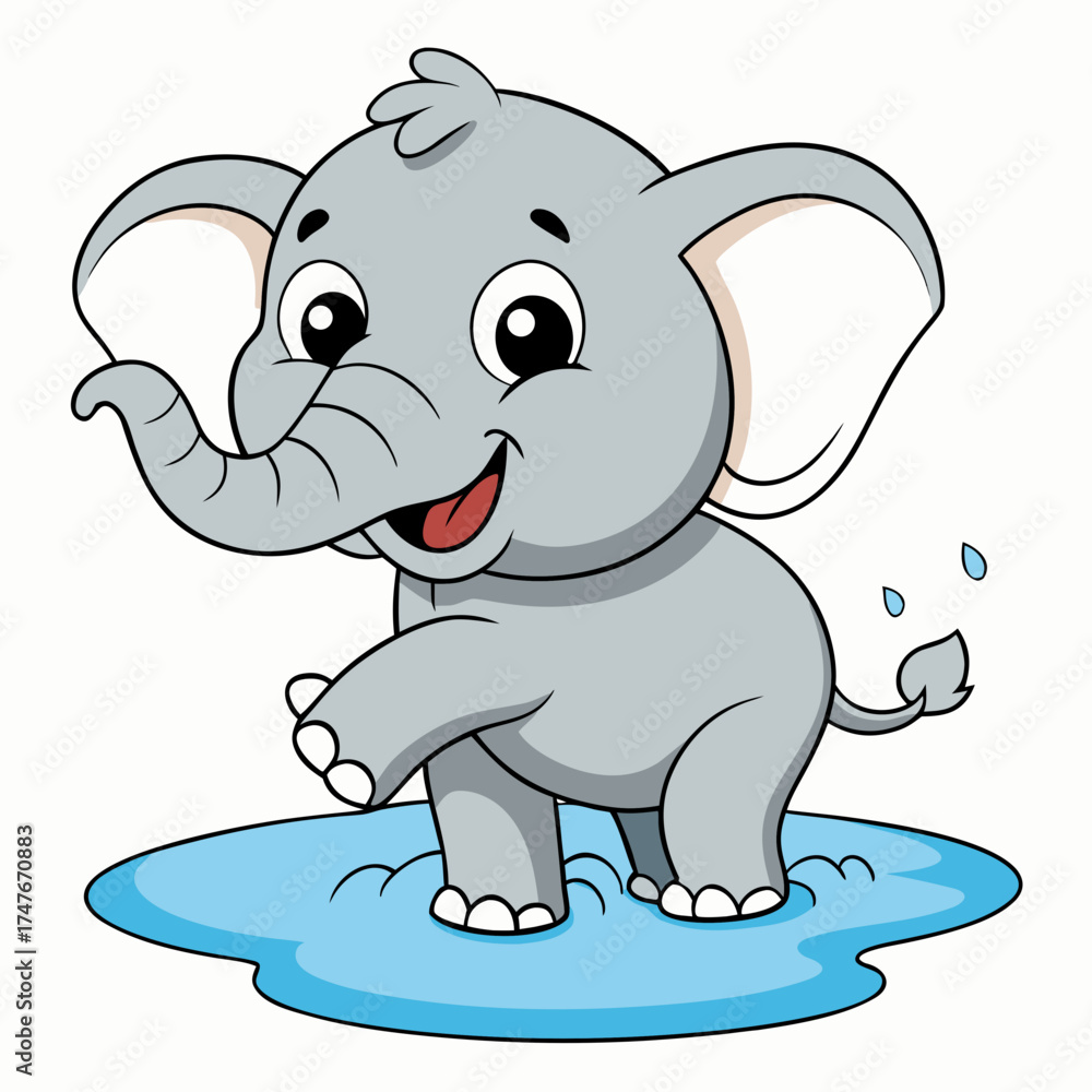 Naklejka premium Cute Baby Elephant Playing in Water Flat Illustration