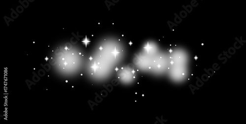 Weiße Sterne und Lichtpunkte auf schwarzem Hintergrund