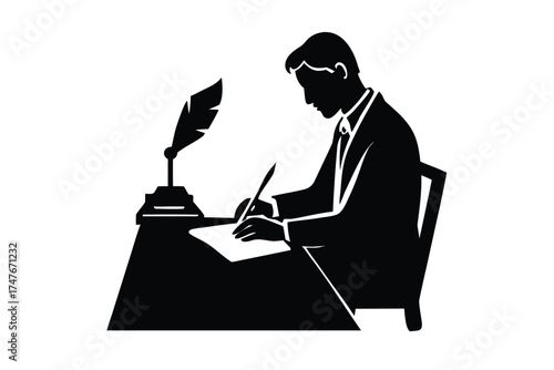 writer doing work on white background
