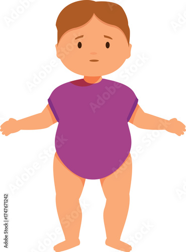 Illustration of a sad baby standing with open arms, wearing a purple onesie, conveying feelings of helplessness or need for comfort
