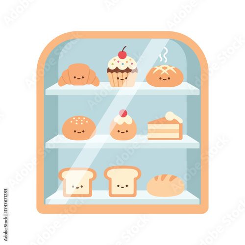 Sweet cartoon bakery display case filled with adorable smiling breads, pastries, and cake for delightful designs