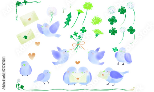 小鳥とクローバーのセットイラスト(青色)