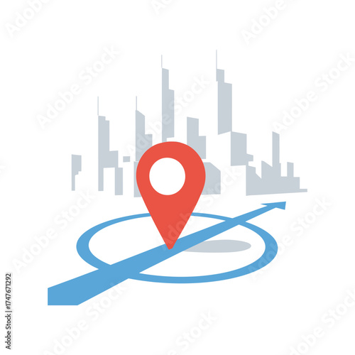 Red map pin marking location on city skyline with navigation route | Vector Illustration