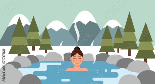 Woman relaxing in a hot spring surrounded by nature.