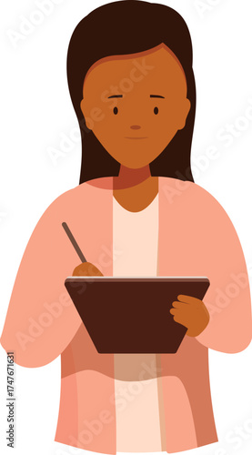 Young professional woman taking notes on a tablet with a stylus, focused on her work