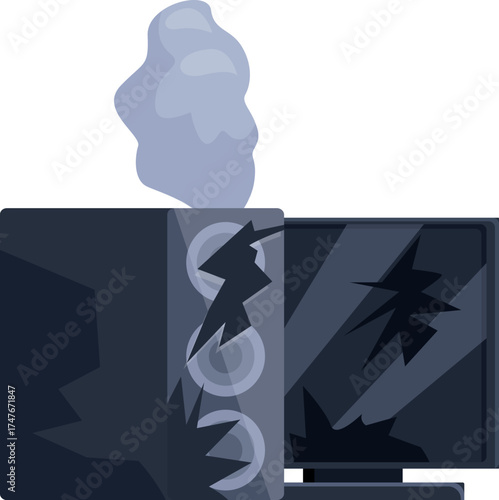 Broken computer and monitor emitting smoke after a short circuit, concept of electronic waste and computer repair