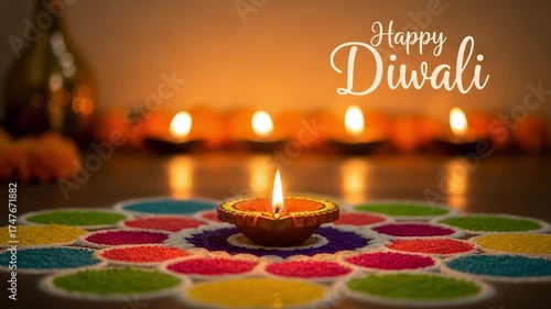 A Vibrant Diwali Celebration with Colorful Rangoli and a Glowing Oil Lamp, Symbolizing Light and Festivity During the Festival of Lights