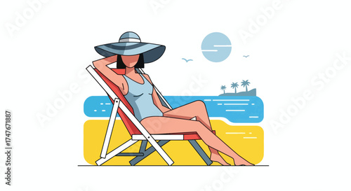 Woman Relaxing on Beach Chair Under Wide Hat Enjoying Sunny Day.
