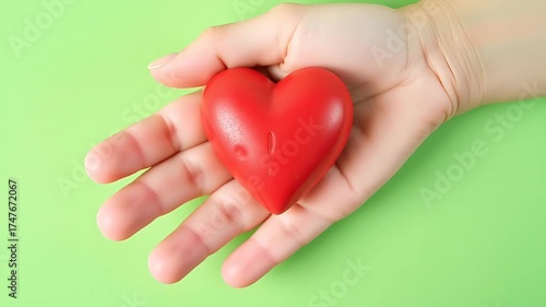 Holding a red heart in a hand against a green background for expressions of love