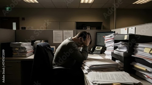 A Stressed Mid-30s Caucasian Male Office Worker in a Dimly Lit Cubicle Surrounded by Piles of Paperwork and a Telephone, Exhibiting Signs of Overwhelm and Fatigue