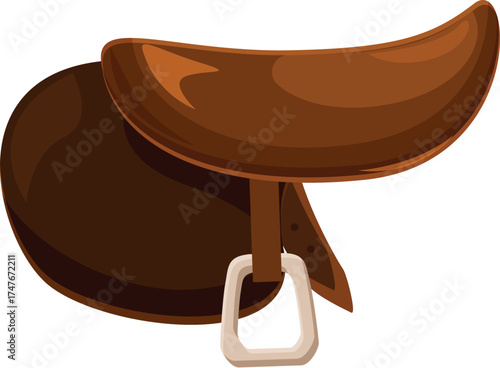 Classic brown leather horse saddle isolated on white background, ready for riding