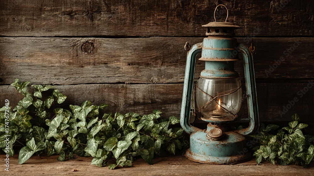 Obraz premium Vintage oil lantern glows warmly beside lush green ivy against rustic wooden backdrop, evoking nostalgia and rustic charm.